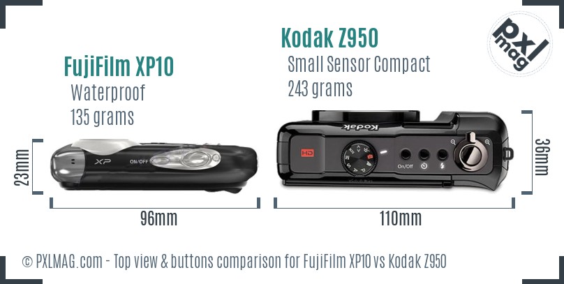 FujiFilm XP10 vs Kodak Z950 top view buttons comparison