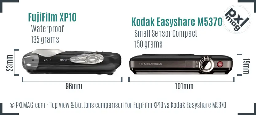 FujiFilm XP10 vs Kodak Easyshare M5370 top view buttons comparison FujiFilm XP10 vs Kodak Easyshare M5370 top view buttons comparison