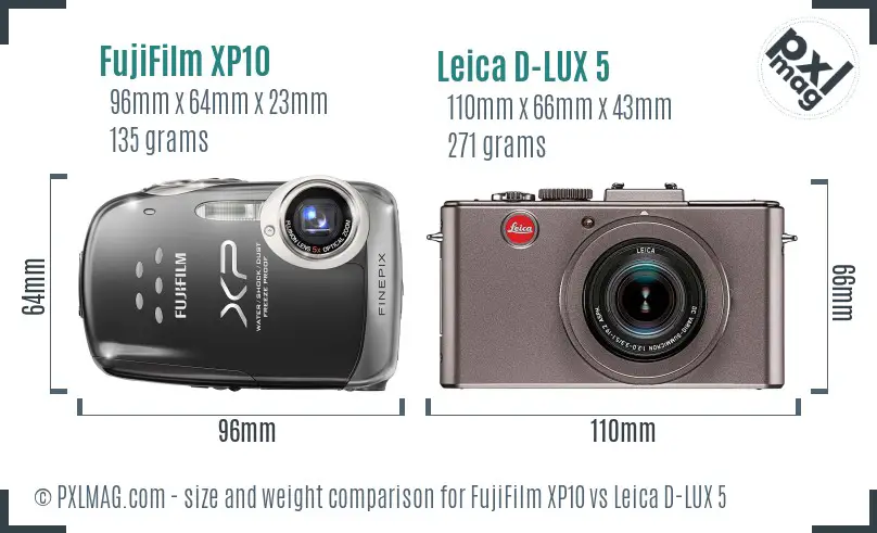 FujiFilm XP10 vs Leica D-LUX 5 size comparison FujiFilm XP10 vs Leica D-LUX 5 size comparison