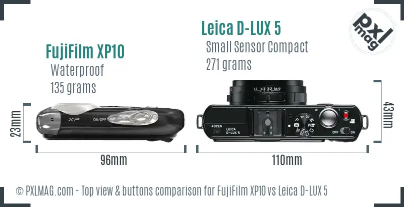 FujiFilm XP10 vs Leica D-LUX 5 top view buttons comparison FujiFilm XP10 vs Leica D-LUX 5 top view buttons comparison