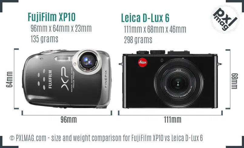 FujiFilm XP10 vs Leica D-Lux 6 size comparison