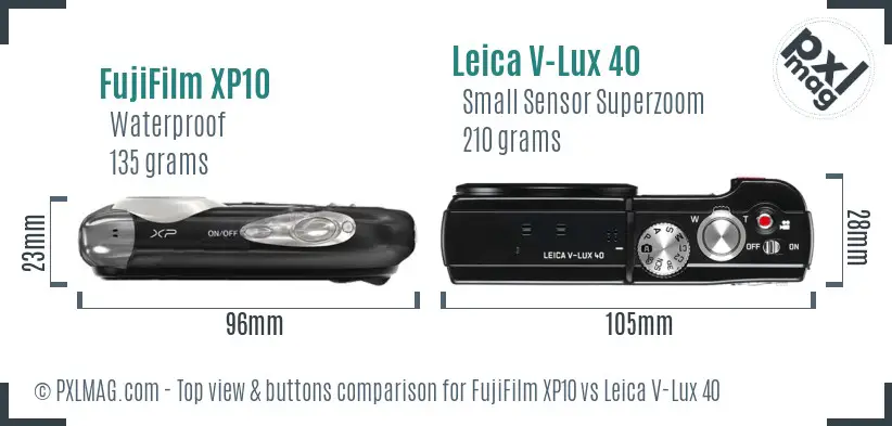 FujiFilm XP10 vs Leica V-Lux 40 top view buttons comparison FujiFilm XP10 vs Leica V-Lux 40 top view buttons comparison
