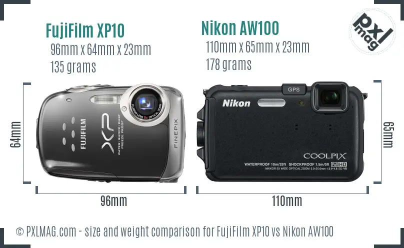 FujiFilm XP10 vs Nikon AW100 size comparison