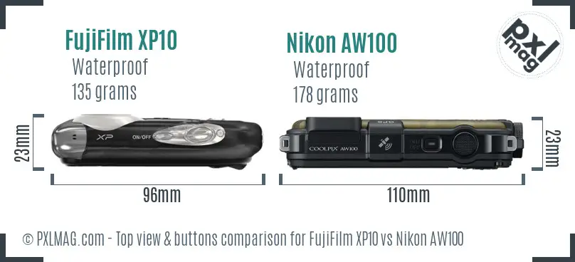 FujiFilm XP10 vs Nikon AW100 top view buttons comparison