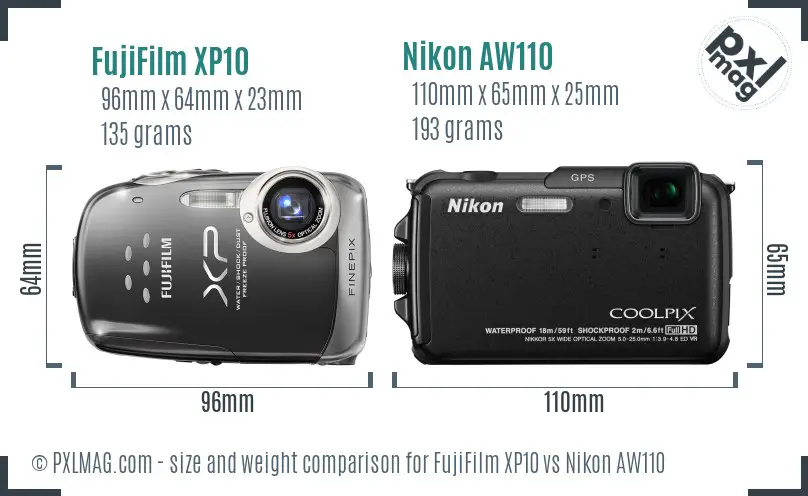 FujiFilm XP10 vs Nikon AW110 size comparison