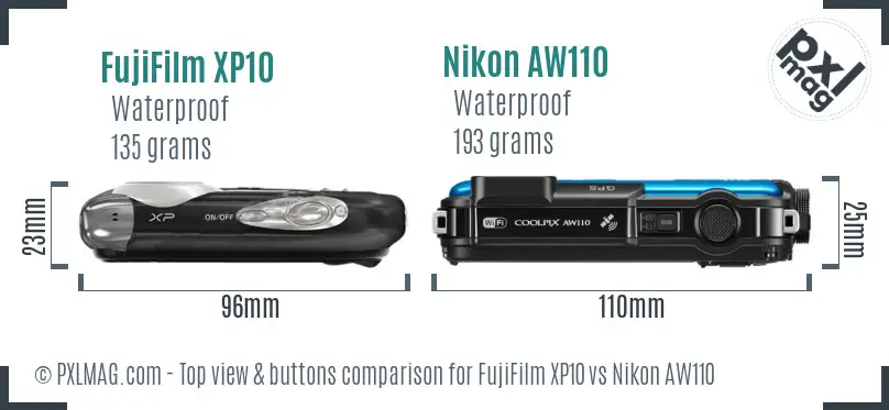 FujiFilm XP10 vs Nikon AW110 top view buttons comparison
