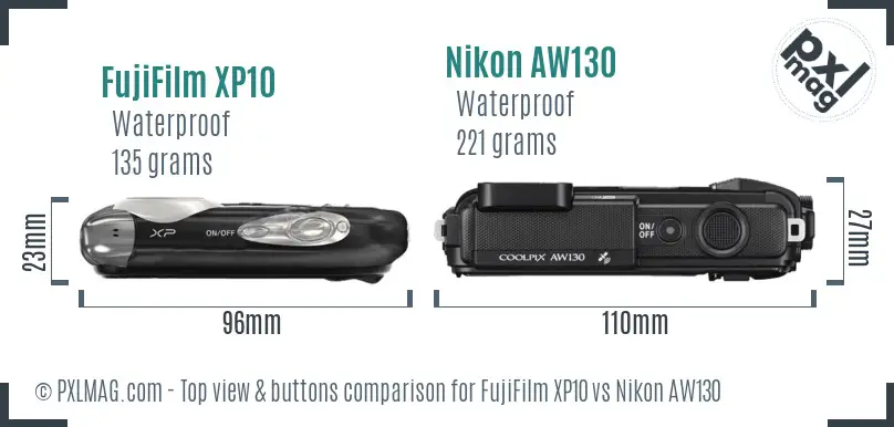 FujiFilm XP10 vs Nikon AW130 top view buttons comparison