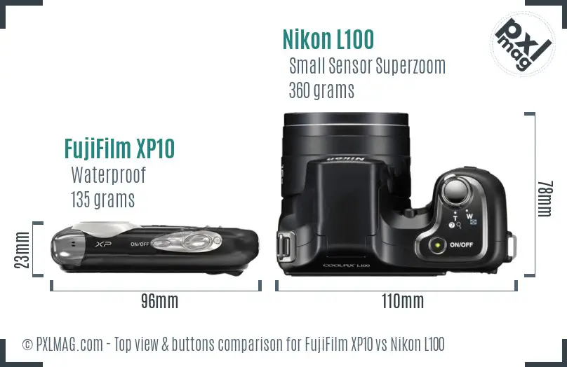 FujiFilm XP10 vs Nikon L100 top view buttons comparison