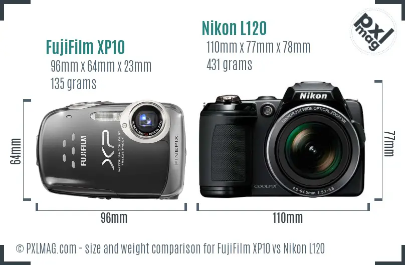 FujiFilm XP10 vs Nikon L120 size comparison