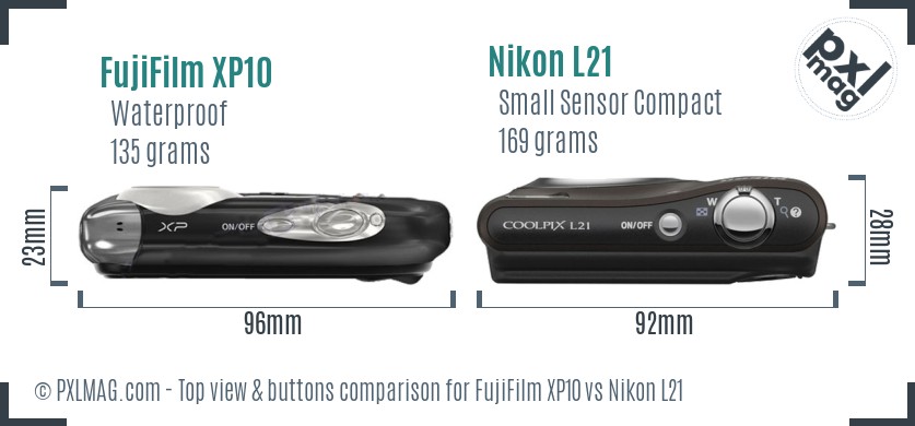 FujiFilm XP10 vs Nikon L21 top view buttons comparison