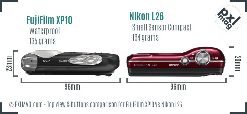 FujiFilm XP10 vs Nikon L26 top view buttons comparison FujiFilm XP10 vs Nikon L26 top view buttons comparison