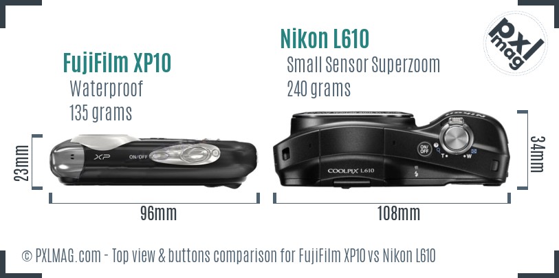 FujiFilm XP10 vs Nikon L610 top view buttons comparison