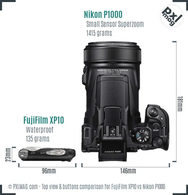 FujiFilm XP10 vs Nikon P1000 top view buttons comparison