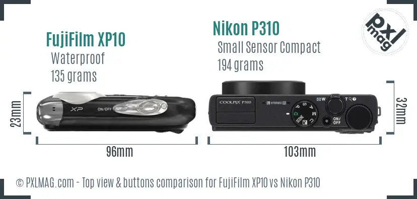 FujiFilm XP10 vs Nikon P310 top view buttons comparison FujiFilm XP10 vs Nikon P310 top view buttons comparison