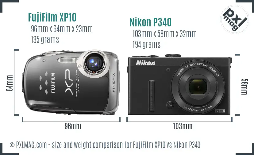 FujiFilm XP10 vs Nikon P340 size comparison