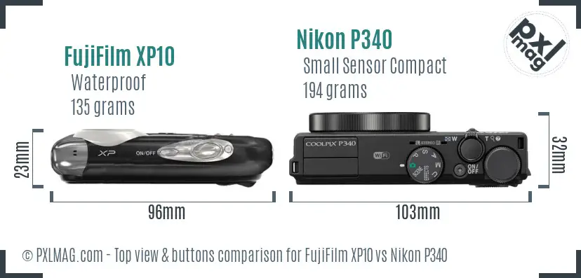 FujiFilm XP10 vs Nikon P340 top view buttons comparison