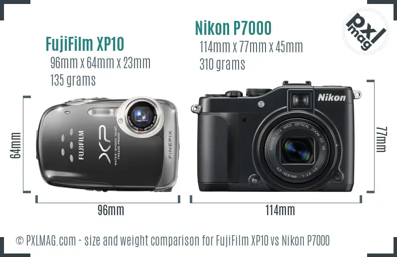 FujiFilm XP10 vs Nikon P7000 size comparison FujiFilm XP10 vs Nikon P7000 size comparison