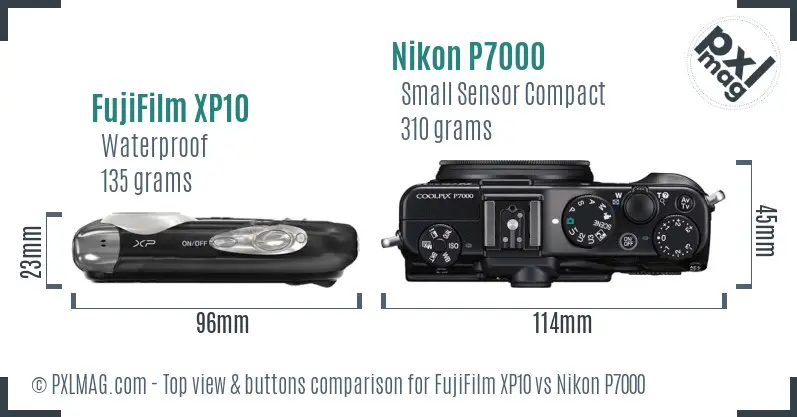 FujiFilm XP10 vs Nikon P7000 top view buttons comparison FujiFilm XP10 vs Nikon P7000 top view buttons comparison