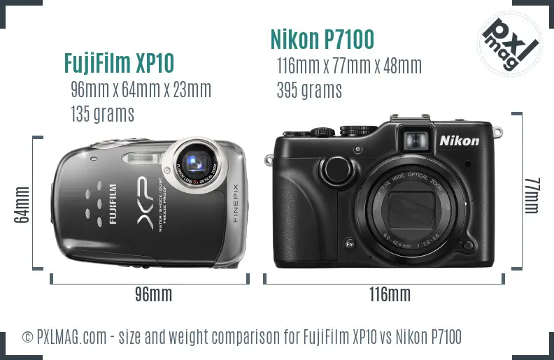 FujiFilm XP10 vs Nikon P7100 size comparison