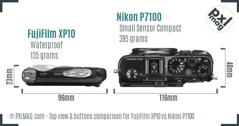FujiFilm XP10 vs Nikon P7100 top view buttons comparison