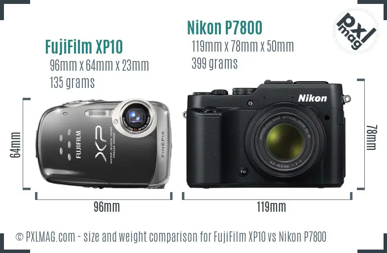 FujiFilm XP10 vs Nikon P7800 size comparison