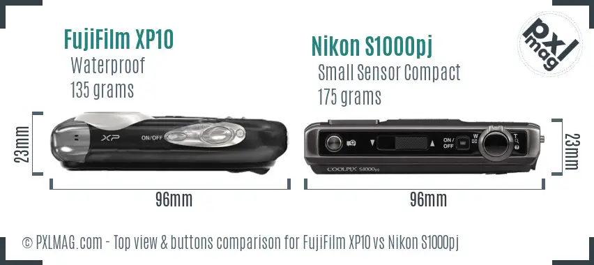 FujiFilm XP10 vs Nikon S1000pj top view buttons comparison