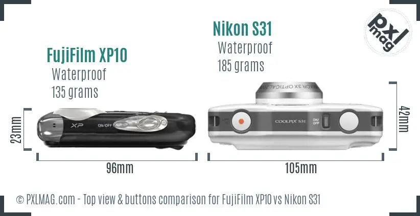 FujiFilm XP10 vs Nikon S31 top view buttons comparison FujiFilm XP10 vs Nikon S31 top view buttons comparison