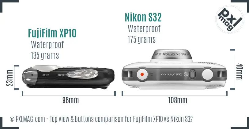 FujiFilm XP10 vs Nikon S32 top view buttons comparison FujiFilm XP10 vs Nikon S32 top view buttons comparison