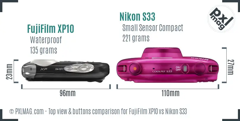 FujiFilm XP10 vs Nikon S33 top view buttons comparison