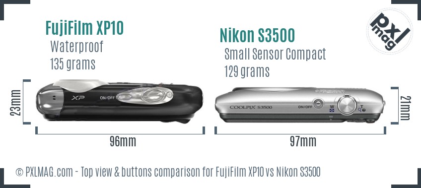 FujiFilm XP10 vs Nikon S3500 top view buttons comparison