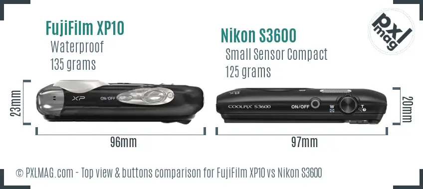 FujiFilm XP10 vs Nikon S3600 top view buttons comparison
