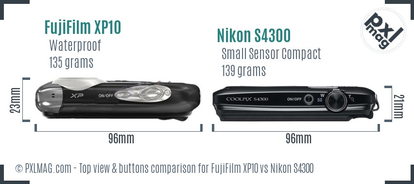 FujiFilm XP10 vs Nikon S4300 top view buttons comparison