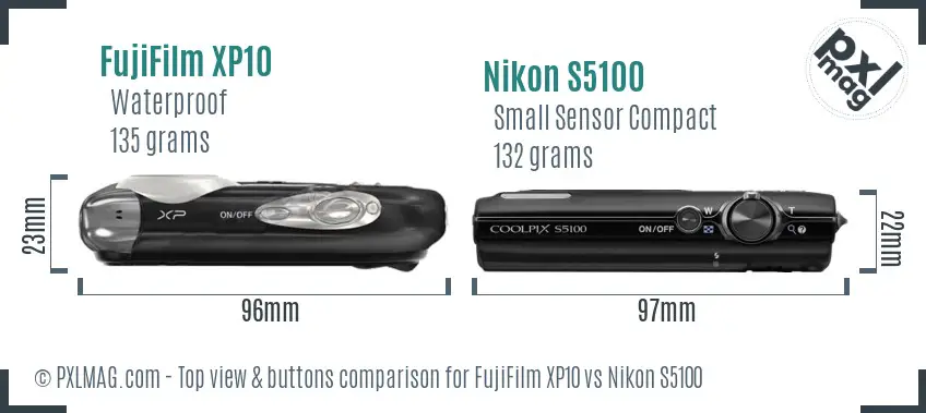 FujiFilm XP10 vs Nikon S5100 top view buttons comparison