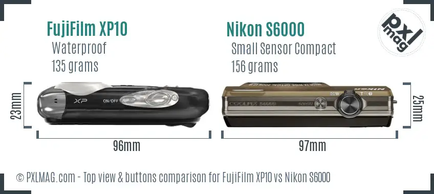 FujiFilm XP10 vs Nikon S6000 top view buttons comparison