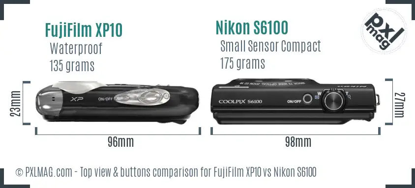 FujiFilm XP10 vs Nikon S6100 top view buttons comparison