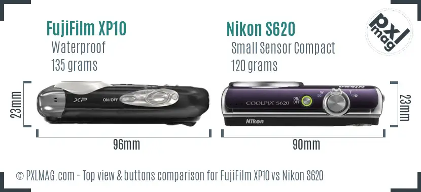 FujiFilm XP10 vs Nikon S620 top view buttons comparison FujiFilm XP10 vs Nikon S620 top view buttons comparison
