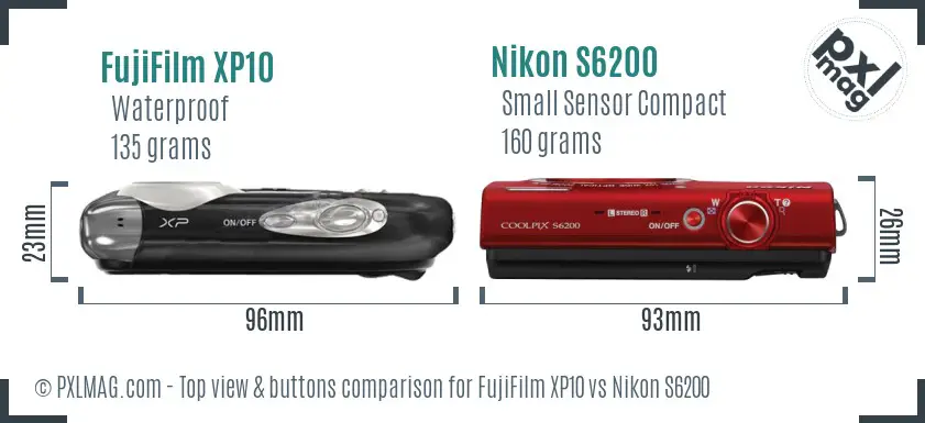 FujiFilm XP10 vs Nikon S6200 top view buttons comparison FujiFilm XP10 vs Nikon S6200 top view buttons comparison