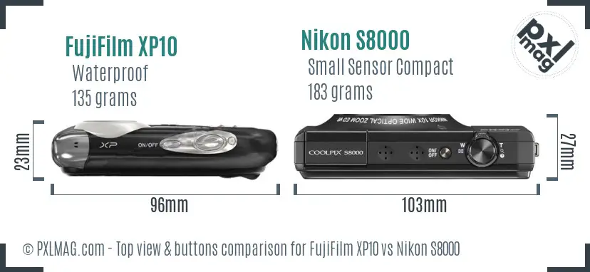 FujiFilm XP10 vs Nikon S8000 top view buttons comparison