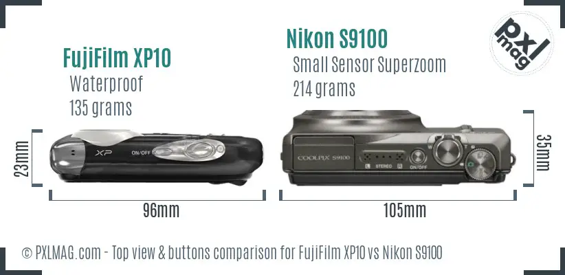 FujiFilm XP10 vs Nikon S9100 top view buttons comparison FujiFilm XP10 vs Nikon S9100 top view buttons comparison
