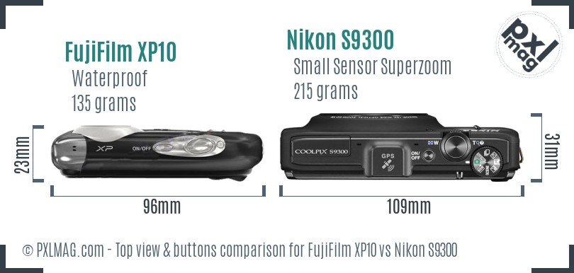 FujiFilm XP10 vs Nikon S9300 top view buttons comparison