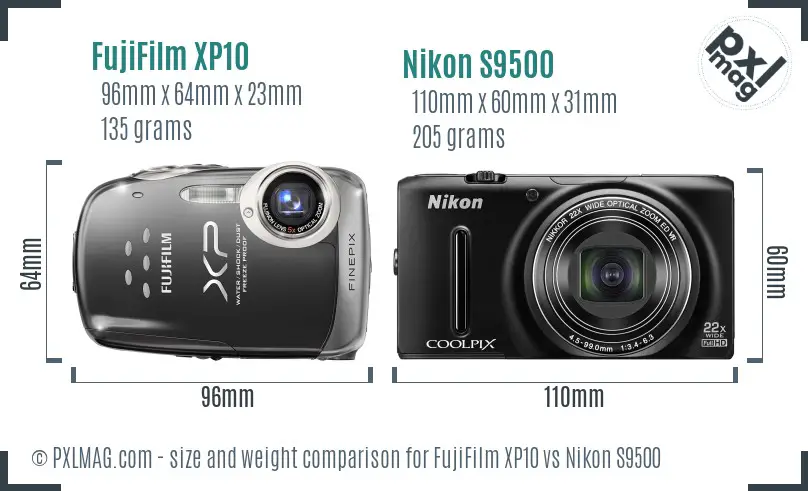 FujiFilm XP10 vs Nikon S9500 size comparison FujiFilm XP10 vs Nikon S9500 size comparison