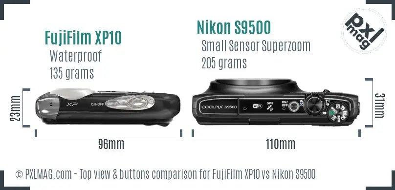FujiFilm XP10 vs Nikon S9500 top view buttons comparison FujiFilm XP10 vs Nikon S9500 top view buttons comparison