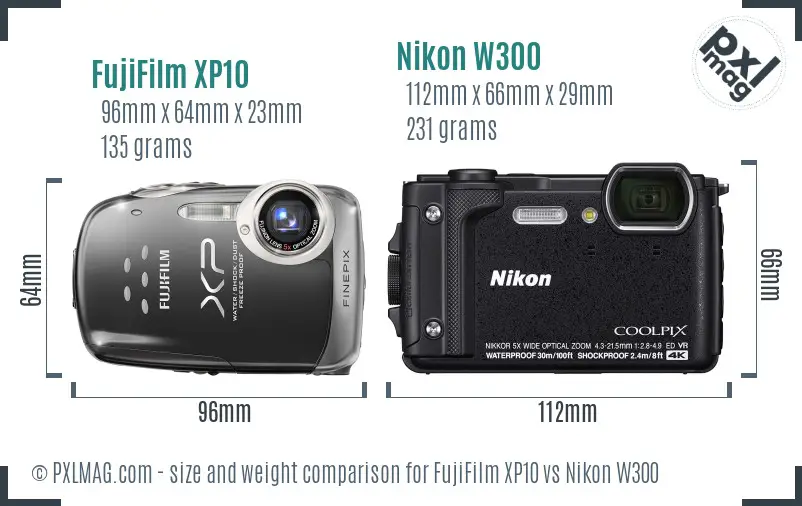 FujiFilm XP10 vs Nikon W300 size comparison