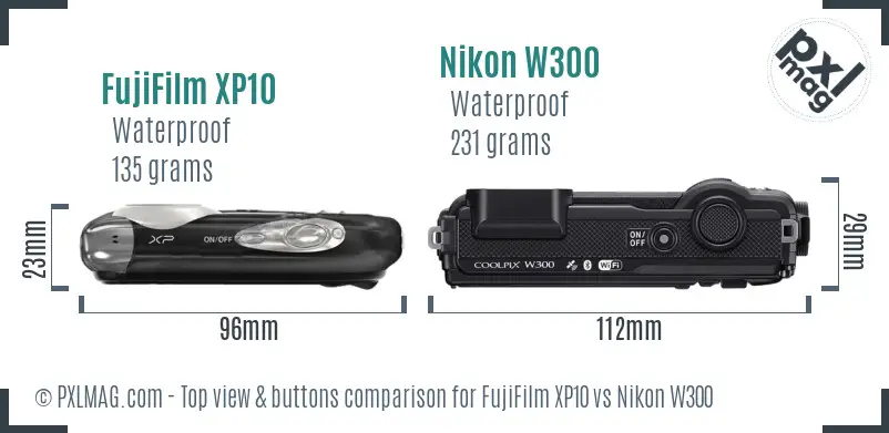 FujiFilm XP10 vs Nikon W300 top view buttons comparison