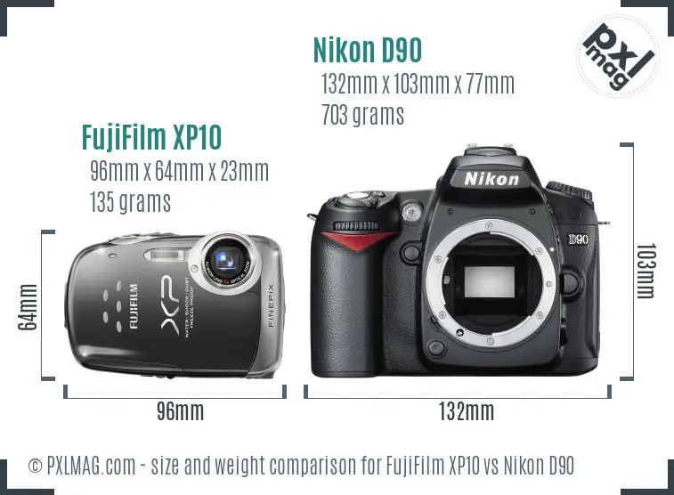 FujiFilm XP10 vs Nikon D90 size comparison