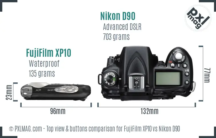 FujiFilm XP10 vs Nikon D90 top view buttons comparison
