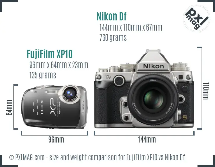 FujiFilm XP10 vs Nikon Df size comparison