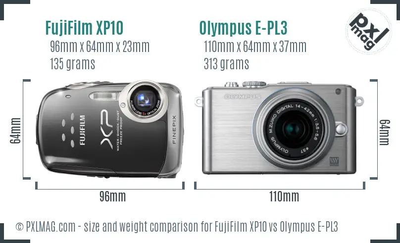 FujiFilm XP10 vs Olympus E-PL3 size comparison