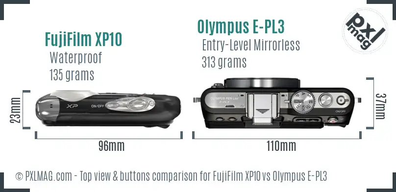 FujiFilm XP10 vs Olympus E-PL3 top view buttons comparison