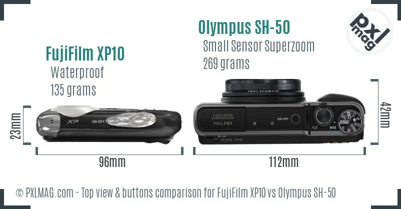 FujiFilm XP10 vs Olympus SH-50 top view buttons comparison
